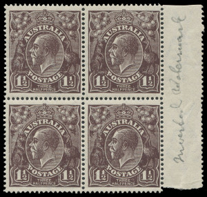 COMMONWEALTH OF AUSTRALIA: KGV Heads - Large Multiple Watermark: 1½d Black-Brown WATERMARK INVERTED marginal block of 4, fresh MUH, BW:84Aa - $700+.