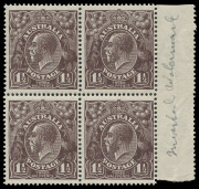 COMMONWEALTH OF AUSTRALIA: KGV Heads - Large Multiple Watermark: 1&frac12;d Black-Brown WATERMARK INVERTED marginal block of 4, fresh MUH, BW:84Aa - $700+.