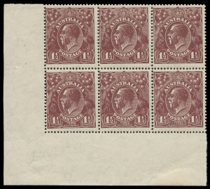 COMMONWEALTH OF AUSTRALIA: KGV Heads - Large Multiple Watermark: 1½d Chocolate WATERMARK INVERTED lower-left corner block of 6, minor paper adhesion in selvedge, stamps fresh MUH, BW:85Ca - $1500+. Scarce multiple.
