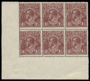 COMMONWEALTH OF AUSTRALIA: KGV Heads - Large Multiple Watermark: 1&frac12;d Chocolate WATERMARK INVERTED lower-left corner block of 6, minor paper adhesion in selvedge, stamps fresh MUH, BW:85Ca - $1500+. Scarce multiple.