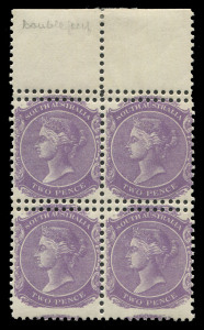 SOUTH AUSTRALIA: 1906 (SG.295) Crown over A 2d bright violet BW:S9 marginal block of 4 showing horizontal Double perfs on all units, mild gum crease right side units, hinged in upper margin only, stamps fresh MUH. Rare variety on this issue, not recorded by Brusden White.