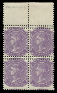 SOUTH AUSTRALIA: 1906 (SG.295) Crown over A 2d bright violet BW:S9 marginal block of 4 showing horizontal Double perfs on all units, mild gum crease right side units, hinged in upper margin only, stamps fresh MUH. Rare variety on this issue, not recorded 