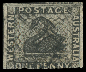 WESTERN AUSTRALIA: 1854 Rouletted 7½ to 14 1d black SG 2, rouletted on three sides, minor thin & slightly cut-into at base, fragments of adjoining stamps at top and at left, tidy void grid cancel, Cat £750.