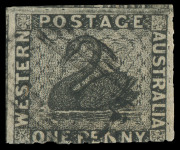 WESTERN AUSTRALIA: 1854 Rouletted 7&frac12; to 14 1d black SG 2, rouletted on three sides, minor thin & slightly cut-into at base, fragments of adjoining stamps at top and at left, tidy void grid cancel, Cat &pound;750.