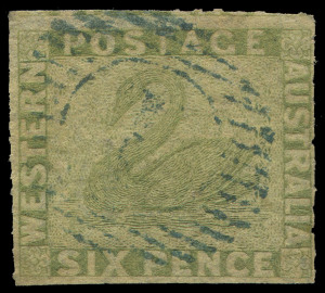 WESTERN AUSTRALIA: 1860-64 (SG.32) Recess Rouletted 7½-14 6d sage-green rouletted on three sides, four clear margins, fragment of adjoining stamp evident at top, tidy void grid cancel in blue. Premium example Cat £750+.