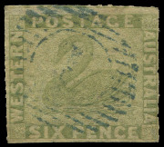 WESTERN AUSTRALIA: 1860-64 (SG.32) Recess Rouletted 7&frac12;-14 6d sage-green rouletted on three sides, four clear margins, fragment of adjoining stamp evident at top, tidy void grid cancel in blue. Premium example Cat &pound;750+.