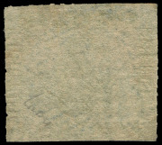 WESTERN AUSTRALIA: 1860-64 (SG.32) Recess Rouletted 7&frac12;-14 6d sage-green rouletted on three sides, four clear margins, fragment of adjoining stamp evident at top, tidy void grid cancel in blue. Premium example Cat &pound;750+. - 2