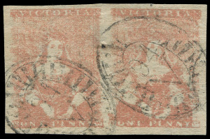 VICTORIA: 1854-57 (SG.26a) Campbell & Fergusson 1d brick-red, few insignificant natural thinnings consistent with C&F printings and pinhole between stamps, good to very large margins, barred oval '94' cancels of Avoca (rated R), Cat £220+. Most attractiv