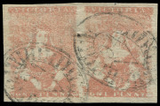 VICTORIA: 1854-57 (SG.26a) Campbell & Fergusson 1d brick-red, few insignificant natural thinnings consistent with C&F printings and pinhole between stamps, good to very large margins, barred oval '94' cancels of Avoca (rated R), Cat &pound;220+. Most attractiv