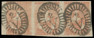VICTORIA: 1854-57 (SG.26a) Campbell & Fergusson 1d brick-red marginal strip of 3, few aeration holes consistent with C&F printings, just shaved at base of the marginal unit otherwise clear to very good margins, crisp barred oval '2' cancels of Geelong. R