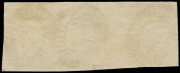 VICTORIA: 1854-57 (SG.26a) Campbell & Fergusson 1d brick-red marginal strip of 3, few aeration holes consistent with C&F printings, just shaved at base of the marginal unit otherwise clear to very good margins, crisp barred oval '2' cancels of Geelong. R - 2