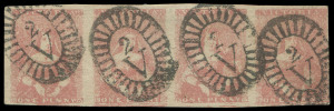 VICTORIA: 1854-57 (SG.27a) Campbell & Fergusson 1d dull rose-red strip of 4, few aeration holes consistent with C&F printings, complete close to large margins, wonderful original colour, neatly applied barred oval '2' cancels of GEELONG, HG&Co expertising handstamp on reverse. Superb, faultless & rare. RPSofL Certificate (1930) when strip was submitted by esteemed German auctioneer Heinrich Kohler. Ex Chartwell.