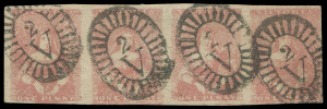 VICTORIA: 1854-57 (SG.27a) Campbell & Fergusson 1d dull rose-red strip of 4, few aeration holes consistent with C&F printings, complete close to large margins, wonderful original colour, neatly applied barred oval '2' cancels of GEELONG, HG&Co expertisin