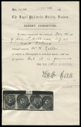 VICTORIA: 1854-57 (SG.27a) Campbell & Fergusson 1d dull rose-red strip of 4, few aeration holes consistent with C&F printings, complete close to large margins, wonderful original colour, neatly applied barred oval '2' cancels of GEELONG, HG&Co expertisin - 3