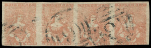 VICTORIA: 1854-57 (SG.28c) Campbell & Fergusson 1d dull brown-red strip of 4, some creasing, thin spot between 1st and 2nd units, just shaved at base of third and fourth units, otherwise good to large margins, BN '9' (reversed) cancels of BEECHWORTH. Attractive and rare multiple. Ex Chartwell.