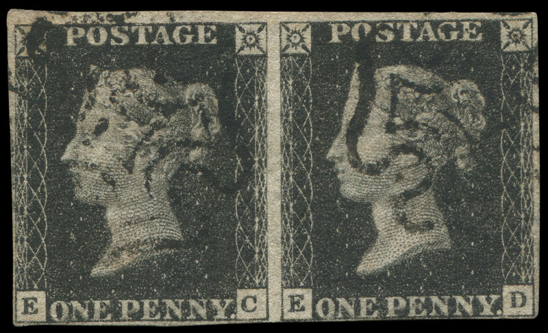 GREAT BRITAIN: 1840 (SG.3) 1d grey-black pair [EC-ED], complete margins (very close at base), cleanly struck Maltese Cross cancels in black, Cat £1000+.