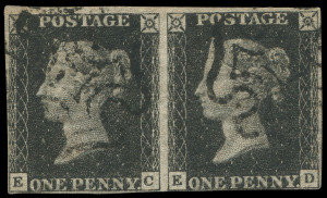 GREAT BRITAIN: 1840 (SG.3) 1d grey-black pair [EC-ED], complete margins (very close at base), cleanly struck Maltese Cross cancels in black, Cat &pound;1000+.