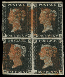 GREAT BRITAIN: 1840 (SG.2) 1d black block of 4 [QG-QH, RG-RH], right-hand units complete margins, left-hand units just shaved/cut-into at left, no thins creases or other faults, indistinct Maltese Cross cancels in red. Extremely rare multiple, Cat. &pound;2500