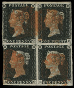 GREAT BRITAIN: 1840 (SG.2) 1d black block of 4 [QG-QH, RG-RH], right-hand units complete margins, left-hand units just shaved/cut-into at left, no thins creases or other faults, indistinct Maltese Cross cancels in red. Extremely rare multiple, Cat. £2500