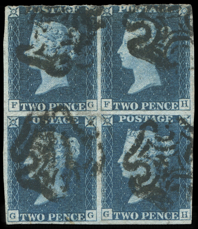 GREAT BRITAIN: 1840 (SG.4) 2d deep full blue block of 4 [FG-FH, GG-GH], just cut-into at top otherwise complete margins, lovely deep original colour, each unit franked with single Maltese Cross cancel in black. Very rare multiple, Cat. £32000.