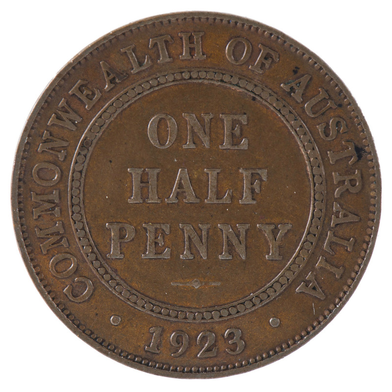 Coins - Australia: Half Penny: 1923 Half Penny, six discernible pearls (1st & 4th pair merged), Die cracks, some scratches, VG to F, Cat. $1750 (as F)