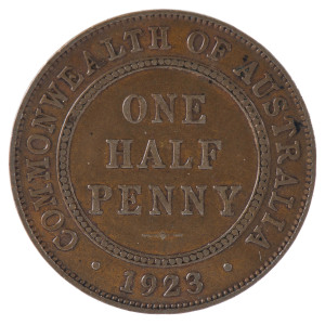 Coins - Australia: Half Penny: 1923 Half Penny, six discernible pearls (1st & 4th pair merged), Die cracks, some scratches, VG to F, Cat. $1750 (as F)