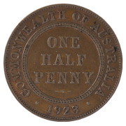 Coins - Australia: Half Penny: 1923 Half Penny, six discernible pearls (1st & 4th pair merged), Die cracks, some scratches, VG to F, Cat. $1750 (as F)