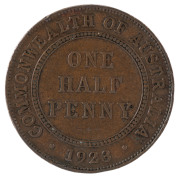 Coins - Australia: Half Penny: 1923 Half Penny, six clear pearls (scratch through 4th pair), impressive planchet flaw affecting 'R' of 'REX' on obverse, few scratches, F to VF, Cat. $3975 (as VF)