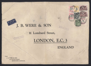 COMMONWEALTH OF AUSTRALIA: Postal History: 1935 (Apr 10) JB Were oversized printed airmail cover (358x254mm) to England with Roos CofA 10/- pair & single and 5/-, plus 1/- Anzac, 1/6d Hermes pair & 1d green KGV all tied by 'LATE FEE/MELBOURNE' datestamps, 'LATE FEE' boxed cachets in violet, vertical fold clear of the stamps, cover a little battered around the edges with small tears/blemishes affecting the 1/6d pair, the 5/- & one of the 10/- Roos. [The £1-19-1d franking comprised 1/6d per ½oz ai
