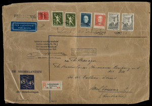 NETHERLANDS: 1954 oversized fashioned airmail cover to Australia, with 31G15c franking including 15G Gulls Mi 580 x2 (both minor edge tones, rare on commercial cover), paying correct rate for a registered item weighing up to 282g, confirmed by PO handstamp, cover with horizontal and vertical creases and other small blemishes. Impressive item that may benefit from a little TLC.