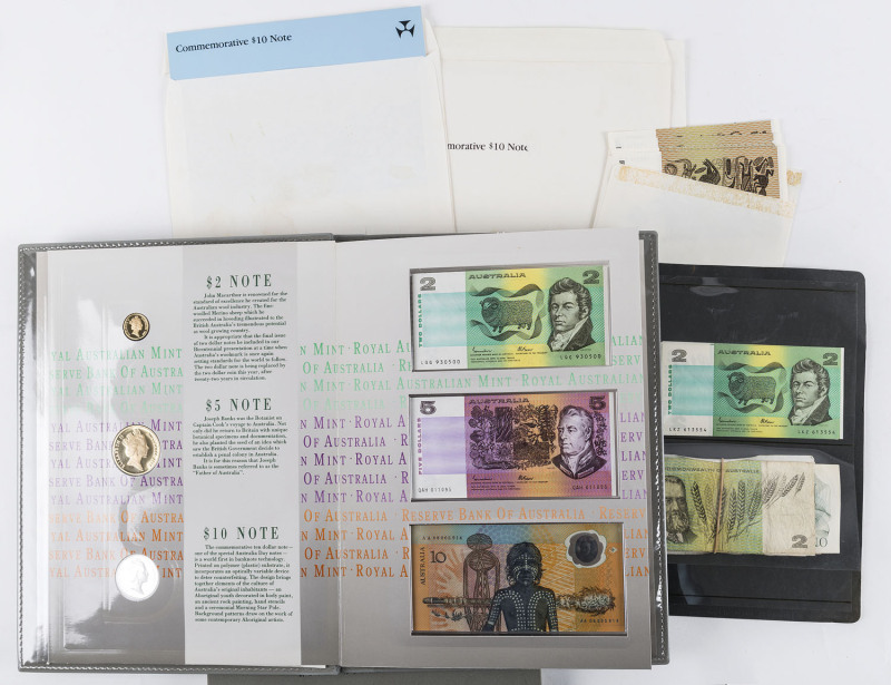 Banknotes - Australia: Decimal Banknotes: Selection including 1988 $10 First Polymer in folders (3, retail: $195), 1988 Bicentennial Coin & Note Collection (retail: $140), also Johnston/Stone (1982) $1 x20 'DLU513346-65' consecutive Unc, Johnston/Stone (1