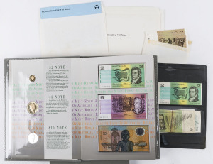 Banknotes - Australia: Decimal Banknotes: Selection including 1988 $10 First Polymer in folders (3, retail: $195), 1988 Bicentennial Coin & Note Collection (retail: $140), also Johnston/Stone (1982) $1 x20 'DLU513346-65' consecutive Unc, Johnston/Stone (1985) $2 x7 'LKZ613554-60' consecutive Unc; plus a bundle of circulated notes including foreign items. (60+)