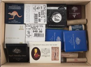 Coins - Australia: Selection with RAM uncirculated $10 Brisbane Commonwealth Games, $10 State Series for 1985 Victoria, 1986 South Australia & 1987 NSW (2), 1988 silver "Holey Dollar & The Dump", 1988 Bicentennial $5 silver proof, 2000 Olympics Sea Change No 1 & No 2 silver $5, 2006 150 Years of State Government (Victoria) silver $5 proof, 2009 60 Years of Citizenship $1 silver proof & 2012 'We Will Remember Them' silver $10; also coin rolls comprising $2, $1 (2, one is 2008 Scouts), 10c, 5c, 2