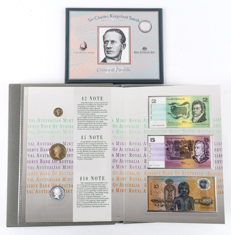 Banknotes - Australia: Banknote & coin presentation collections comprising 1988 Bicentennial Coin & Note Collection and 1997 Kingsford Smith Centenary Portfolio; pristine condition, current retail $350+.