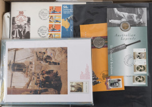 COMMONWEALTH OF AUSTRALIA: General & Miscellaneous: Mostly Australia Post 'product' in three boxes including 1988 Bicentennial 'Links' folders x2, Sydpex '88' souvenir product, Tom Roberts book (+ $10 stamp), prestige type stamp packs, stationery packs, books, 1995 Australia Remembers and 1997 Bradman (x2) PNCs, exhibition & stamp show memorabilia with heaps of 1980s-90s serviced covers plus a few New Zealand items. Well worth a rummage. (qty)