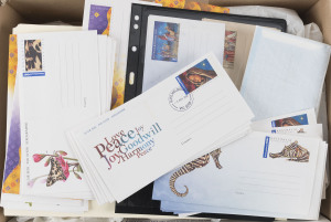 COMMONWEALTH OF AUSTRALIA: General & Miscellaneous: Decimal Postal Stationery accumulation in five cartons with 1960s-2000s aerogrammes including International Post, unused or FDI use, 1980s-90s postcards & postcard packs and lettercards, 1990s-2000s International Post large format envelopes unused or FDI use, also stamp collector cards, AP advertising posters, etc; a few items with foxing, generally very fine. Lots to view. (100s)