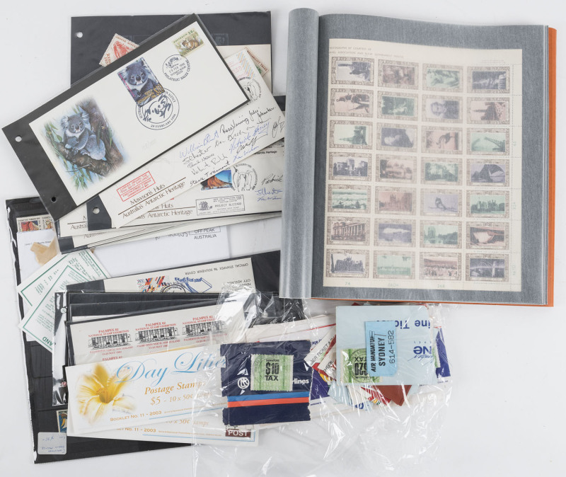 COMMONWEALTH OF AUSTRALIA: General & Miscellaneous: Cinderellas accumulation with 1938 Anniversary sheet of 49 (very fine, retail $80+), 1954 REDEX mint or on presentation card, bundle of $10 or $20 Departure Tax some on complete tickets, 1984-85 Project