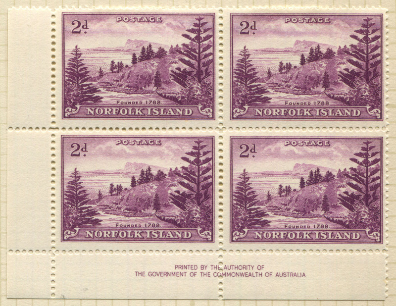 NORFOLK ISLAND: 1947-1966 mint collection with imprint blocks of 4 including 1947-59 Ball Bay plus White Paper ½d orange, 2d mauve (Cat £520+), 3d emerald-green & 2/- blue, 1953 Pictorials to 10d, 1958 & 1960 surcharge sets & 1960 2/8d Local Government,