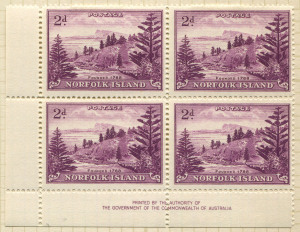 NORFOLK ISLAND: 1947-1966 mint collection with imprint blocks of 4 including 1947-59 Ball Bay plus White Paper ½d orange, 2d mauve (Cat £520+), 3d emerald-green & 2/- blue, 1953 Pictorials to 10d, 1958 & 1960 surcharge sets & 1960 2/8d Local Government, also 1962 Fish & 1964 Views in Plate 1a corner blocks, plus 1960-62 10/- Bird single optd 'SPECIMEN'; generally fine mint with lower units of the blocks MUH. (200+)