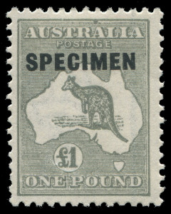 COMMONWEALTH OF AUSTRALIA: Kangaroos - Collections & Accumulations: Overprinted 'SPECIMEN' Type 'D' group comprising 3rd Wmk £1 Grey with "Colour flaw on top frame over second 'A' of 'AUSTRALIA' "[L42] BW #53h,xg (Cat.$1650 as unoverprinted stamp) plus Co