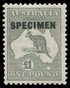 COMMONWEALTH OF AUSTRALIA: Kangaroos - Collections & Accumulations: Overprinted 'SPECIMEN' Type 'D' group comprising 3rd Wmk £1 Grey with "Colour flaw on top frame over second 'A' of 'AUSTRALIA' "[L42] BW #53h,xg (Cat.$1650 as unoverprinted stamp) plus Co