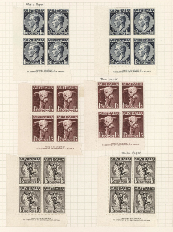 COMMONWEALTH OF AUSTRALIA: General & Miscellaneous: 1914-60s mostly mint array with 6d Engraved Kooka (CTO), Roos CofA 2/- Die II imprint block, Overprinted 'OS' 1/- Lyrebird and 2d & 3d Kingsford Smith (CTO), KGVI Robes both papers sets plus Thick Paper