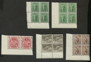 COMMONWEALTH OF AUSTRALIA: Other Pre-Decimals: 1937-49 KGVI Watermarked No Imprint corner blocks of 4 selection comprising 2d QE with Burnishing marks, 4d Koala x2 (one a gutter block), 6d Kooka P14&frac34;x14, 9d Platypus, 1/- Lyrebird, 2/- Crocodile & 2/6d Abo - 2