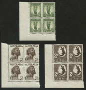 COMMONWEALTH OF AUSTRALIA: Other Pre-Decimals: 1937-49 KGVI Watermarked No Imprint corner blocks of 4 selection comprising 2d QE with Burnishing marks, 4d Koala x2 (one a gutter block), 6d Kooka P14&frac34;x14, 9d Platypus, 1/- Lyrebird, 2/- Crocodile & 2/6d Abo - 3