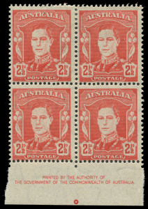 COMMONWEALTH OF AUSTRALIA: Other Pre-Decimals: 1942-50 (SG.206) KGVI 2½d Scarlet variety White Face (ink stripping) perf pip Authority imprint block of 4 BW:230c,zo, lower units MUH, Cat.$1000++. Rare.