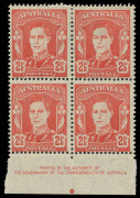 COMMONWEALTH OF AUSTRALIA: Other Pre-Decimals: 1942-50 (SG.206) KGVI 2&frac12;d Scarlet variety White Face (ink stripping) perf pip Authority imprint block of 4 BW:230c,zo, lower units MUH, Cat.$1000++. Rare.