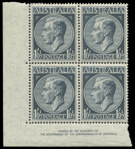 COMMONWEALTH OF AUSTRALIA: Other Pre-Decimals: 1952-55 (SG.252) KGVI 1/0½d slate variety Scar on King's Head on the lower-right unit of an Authority imprint block of 4 (perf separations), with a normal block for comparison, lower units MUH. Impressive unlisted (transient?) flaw.