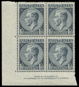 COMMONWEALTH OF AUSTRALIA: Other Pre-Decimals: 1952-55 (SG.252) KGVI 1/0&frac12;d slate variety Scar on King's Head on the lower-right unit of an Authority imprint block of 4 (perf separations), with a normal block for comparison, lower units MUH. Impressive unl