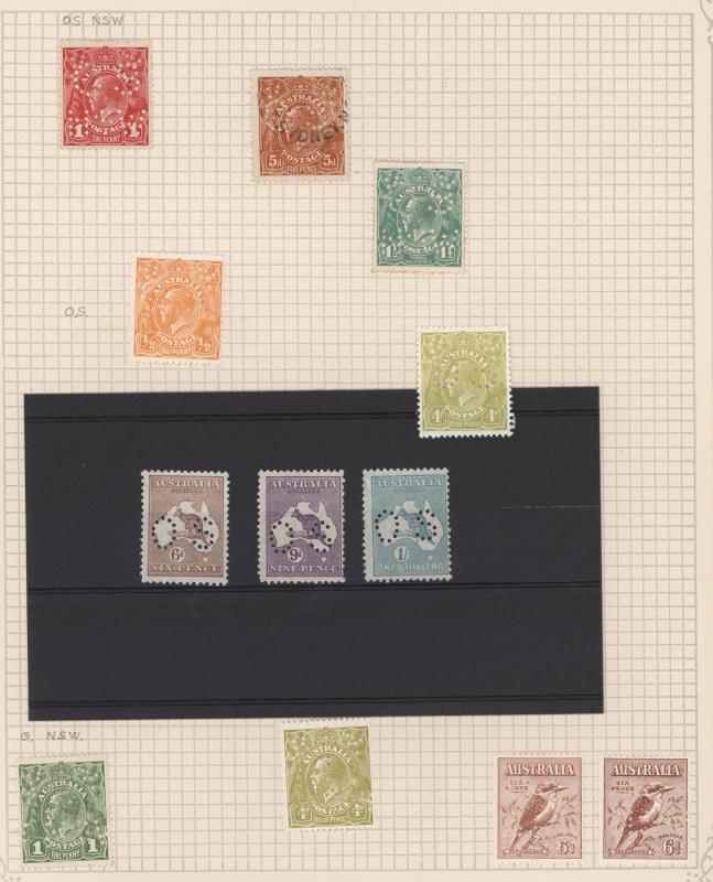 COMMONWEALTH OF AUSTRALIA: General & Miscellaneous: 1914-50s Official Perfins array mostly used including KGV Single Wmk perf 'OS/NSW' 4d lemon, 4d ultramarine (2) & 4½d violet, perf 'OS' Rough Paper 5d bright chestnut, SMult P13½x12½ 4d olive perf 'OS' &