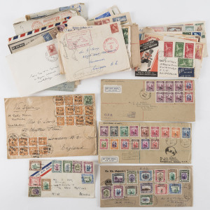 REST OF THE WORLD - General & Miscellaneous Lots: Cover selection with China 1936 cover (tear) to England endorsed "Via Siberia" with 1c Teng K'eng x17 plus 5c Sun Yat-sen (another stamp missing) tied by Peiping cds, North Borneo 1946 to Australia with BMA overprints to 15c, 1948 registered airmail to Australia with optd 'VR' set to $5, mss "AV2" marking, Sarawak 1947 registered airmail to NSW with complete optd 'VR' set to $5, circular 'AV2' handstamp, also NZ & Australia WWII military mail (i